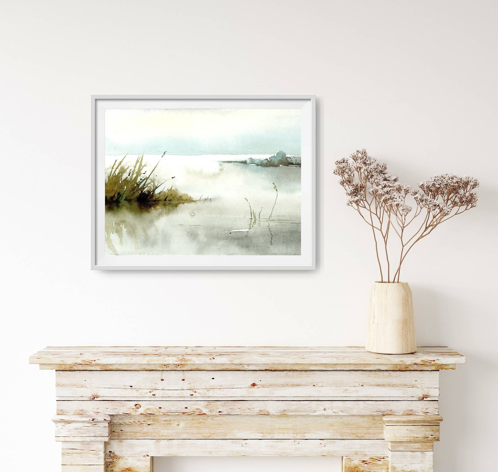 Watercolor Painting Light Blue Landscape Wall Art Sunrise Lake Etsy