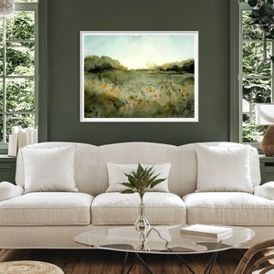 Sunrise Meadow Watercolor Painting Neutral Landscape Print | Etsy