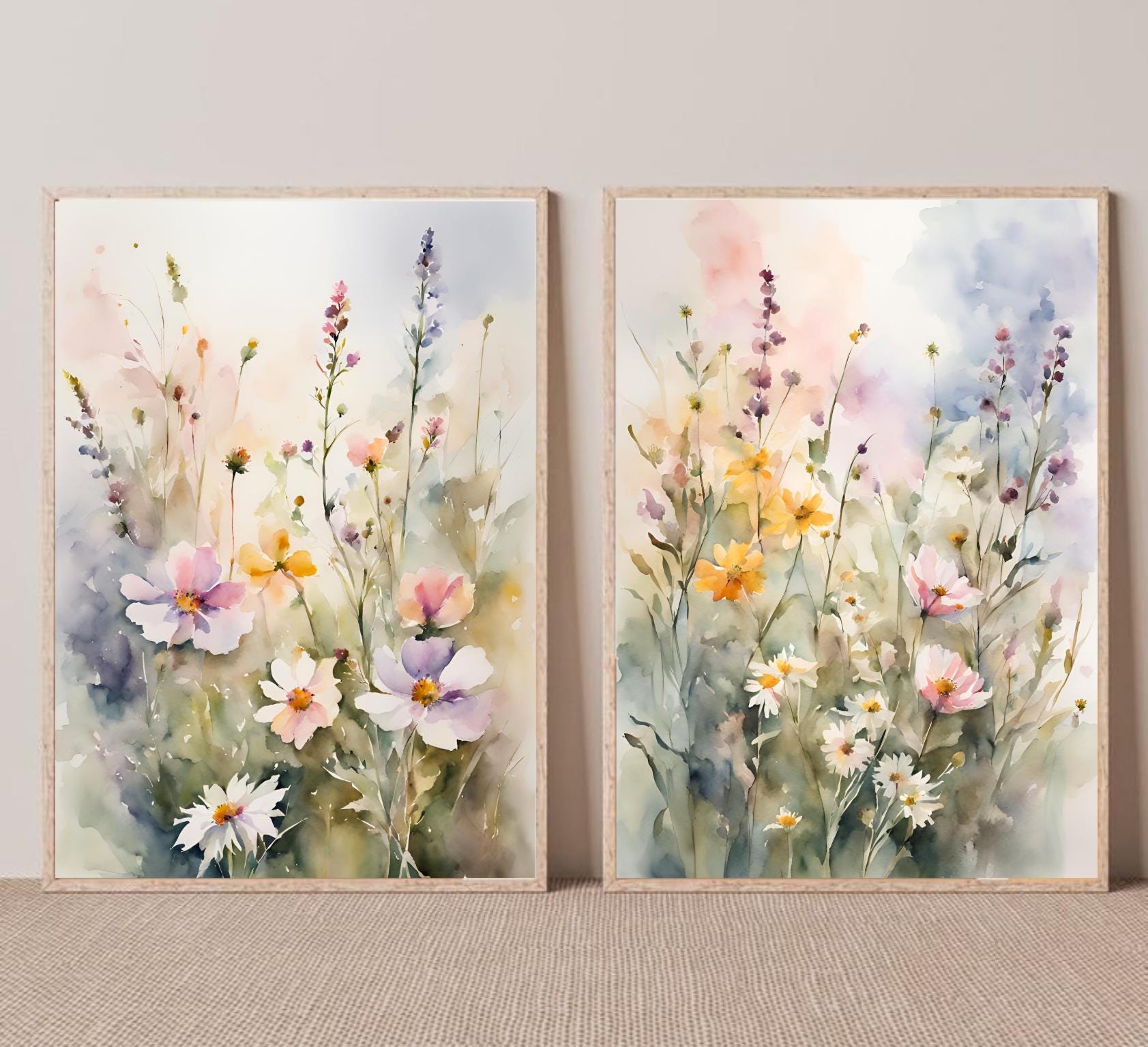Wildflowers Painting Set Spring Flower Watercolor Art Prints Set of 2 ...