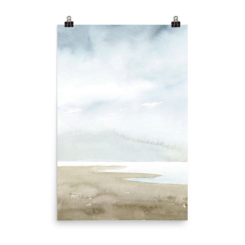 Sea Landscape watercolor painting sea coast wall art coastal home decor light blue beige fine art print minimalist wall art image 7