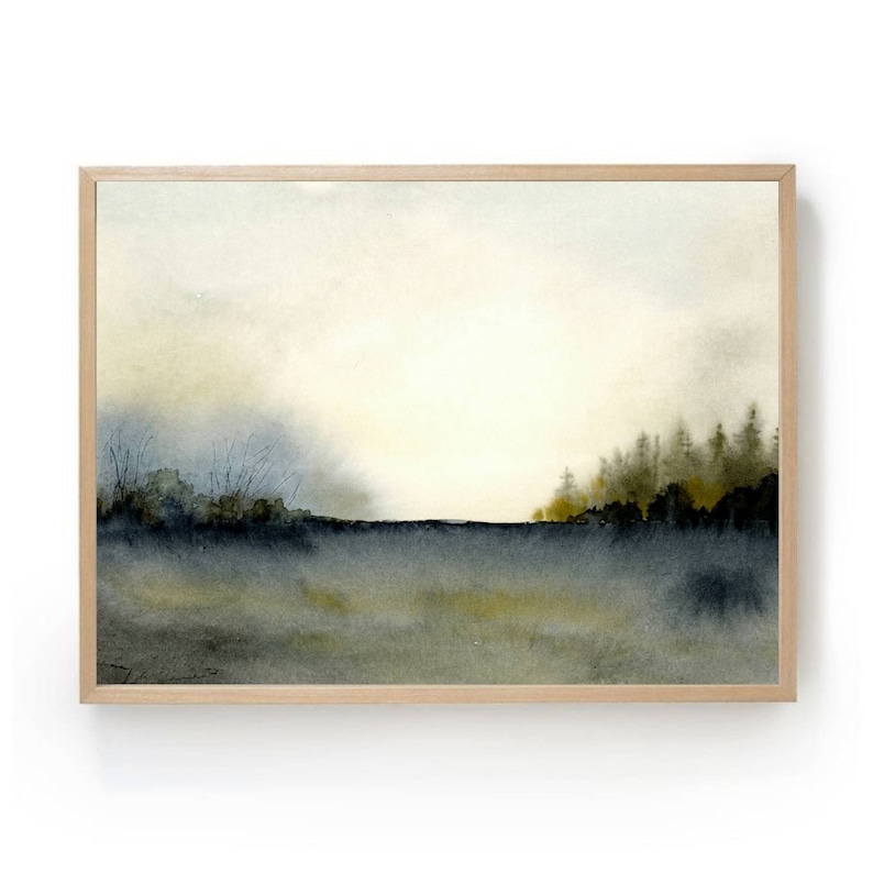 Misty forest print watercolor pine tree wall art watercolor landscape painting large neutral wall decor dark forest painting blue beige image 1