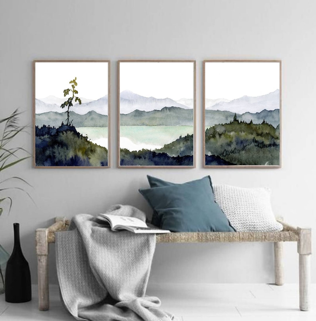 Large Minimalist Forest Painting Set of 3 Prints Mountain Lake Wall Art ...