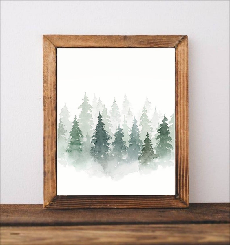 Pine Tree Print Watercolor Painting Pine Forest Large Wall Art Foggy ...