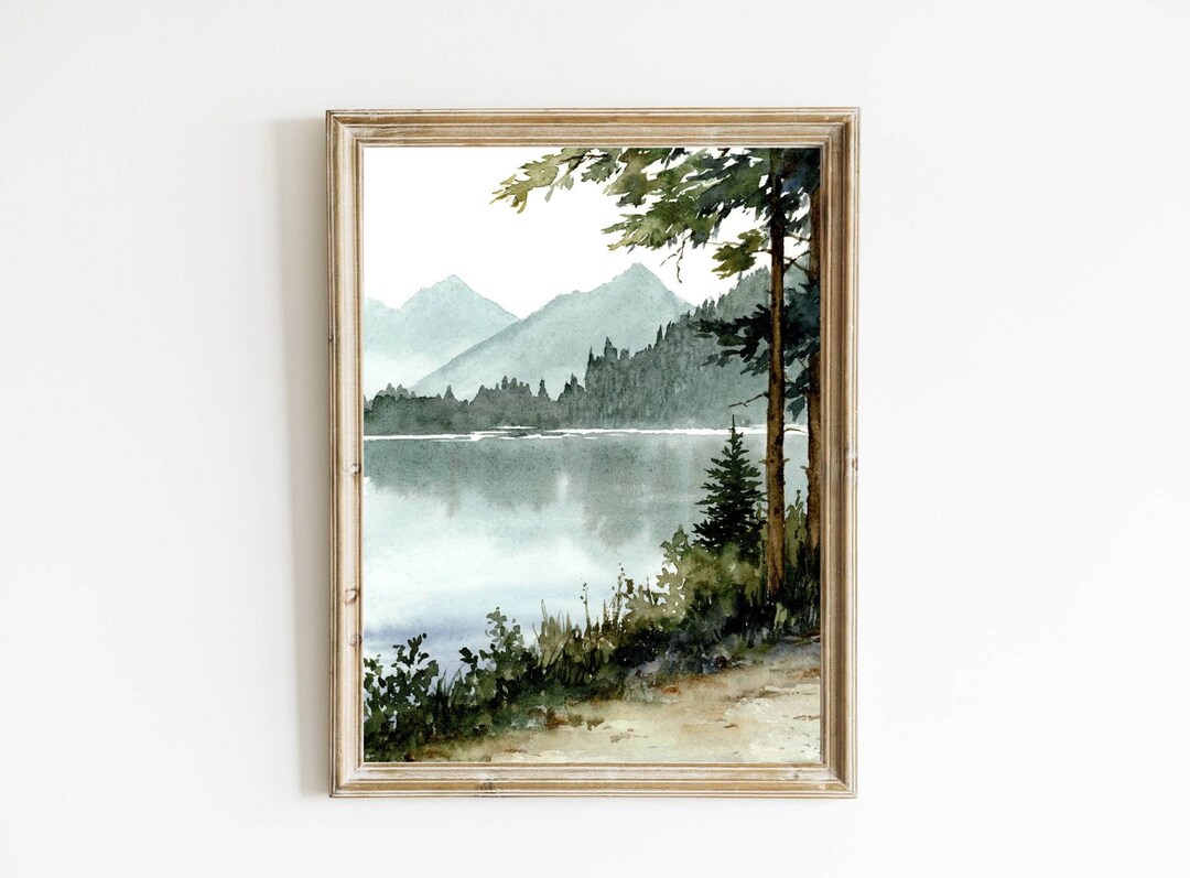 Forest Road Art Print Mountain Lake Watercolor Painting Pine Tree Wall ...
