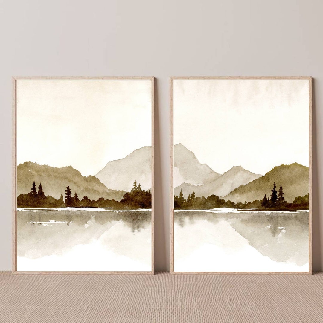 Mountain Lake Watercolor Painting Set of 2 Neutral Landscape Pine Tree ...