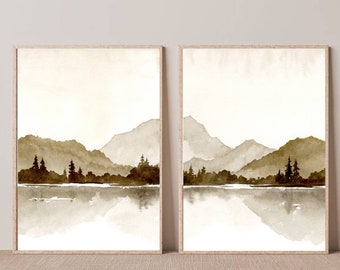 Mountain lake watercolor painting set of 2 neutral landscape pine tree wall art pine forest painting farmhrusouse wall decor set of 2 prints