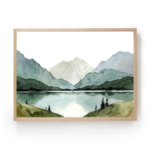 Mountain lake watercolor blue green wall art panoramic landscape minimalist wall art mountains painting large abstract nature art print