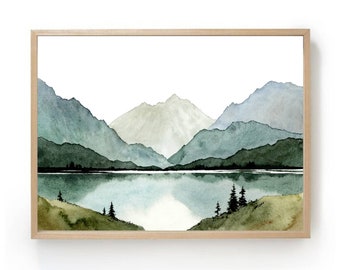 Mountain lake watercolor blue green wall art panoramic landscape minimalist wall art mountains painting large abstract nature art print