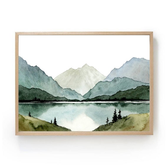 Bergsee Laqndshaft Aquarell Druck abstrakte Kunst Poster XXL Bilder Wohnzimmer Berge Malerei Panorama Landschaft Aquarellbilder Kunstdruck