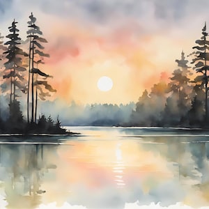 Waldsee Sonnenuntergang Malerei Bilder Wald Landschaft Aquarell Druck Poster abstrakte Kunst