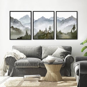 Blue mountain wall art set Mountain forest art prints Panoramic landscape Watercolor painting print 3 piece Minimalist wall decor image 7