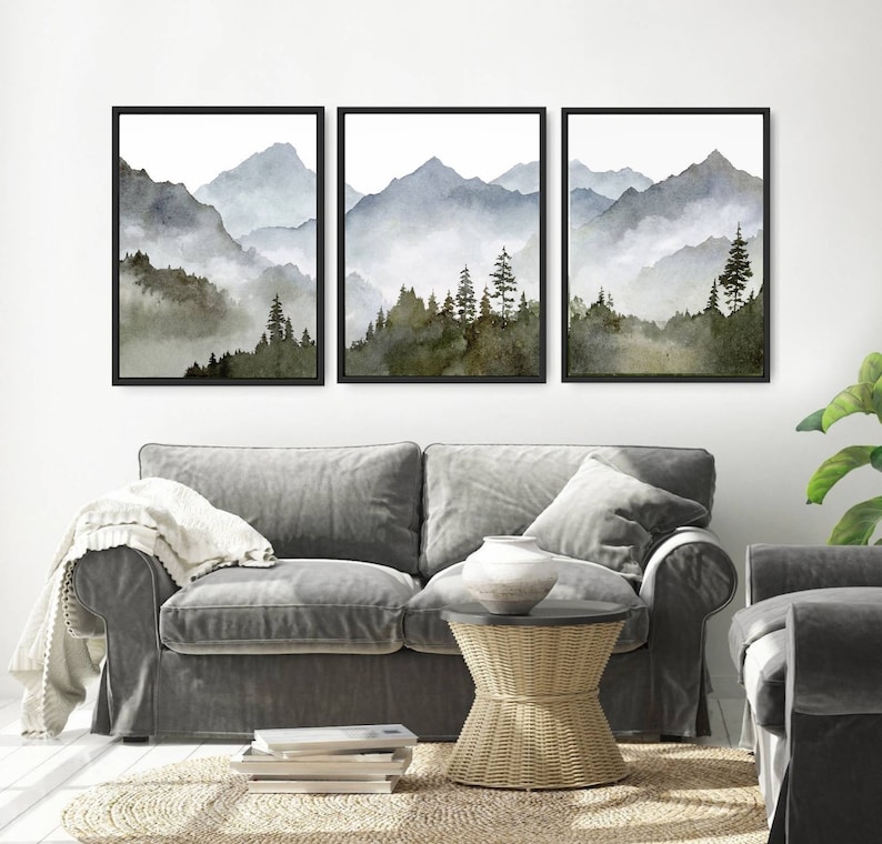 Blue mountain wall art set Mountain forest art prints Panoramic landscape Watercolor painting print 3 piece Minimalist wall decor image 7