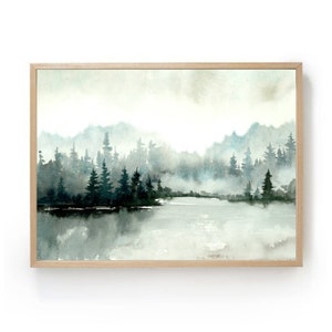 Forest lake print watercolor painting neutral landscape teal forest wll art mountain valley art misty forest art print panoramic landscape