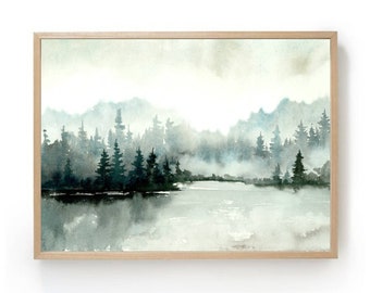 Forest lake print watercolor painting neutral landscape teal forest wll art mountain valley art misty forest art print panoramic landscape