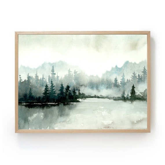 Forest Lake Print Watercolor Painting Neutral Landscape Teal | Etsy