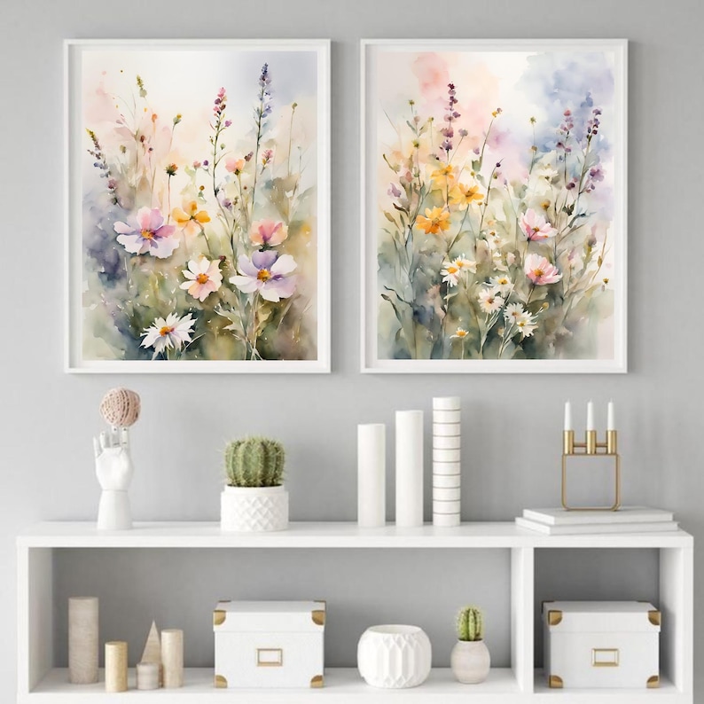 Wildflowers Painting Set Spring Flower Watercolor Art Prints Set of 2 ...