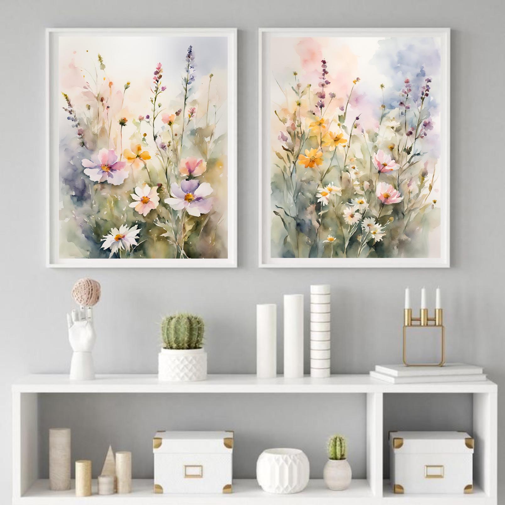 Wildflowers Painting Set Spring Flower Watercolor Art Prints Set of 2 ...