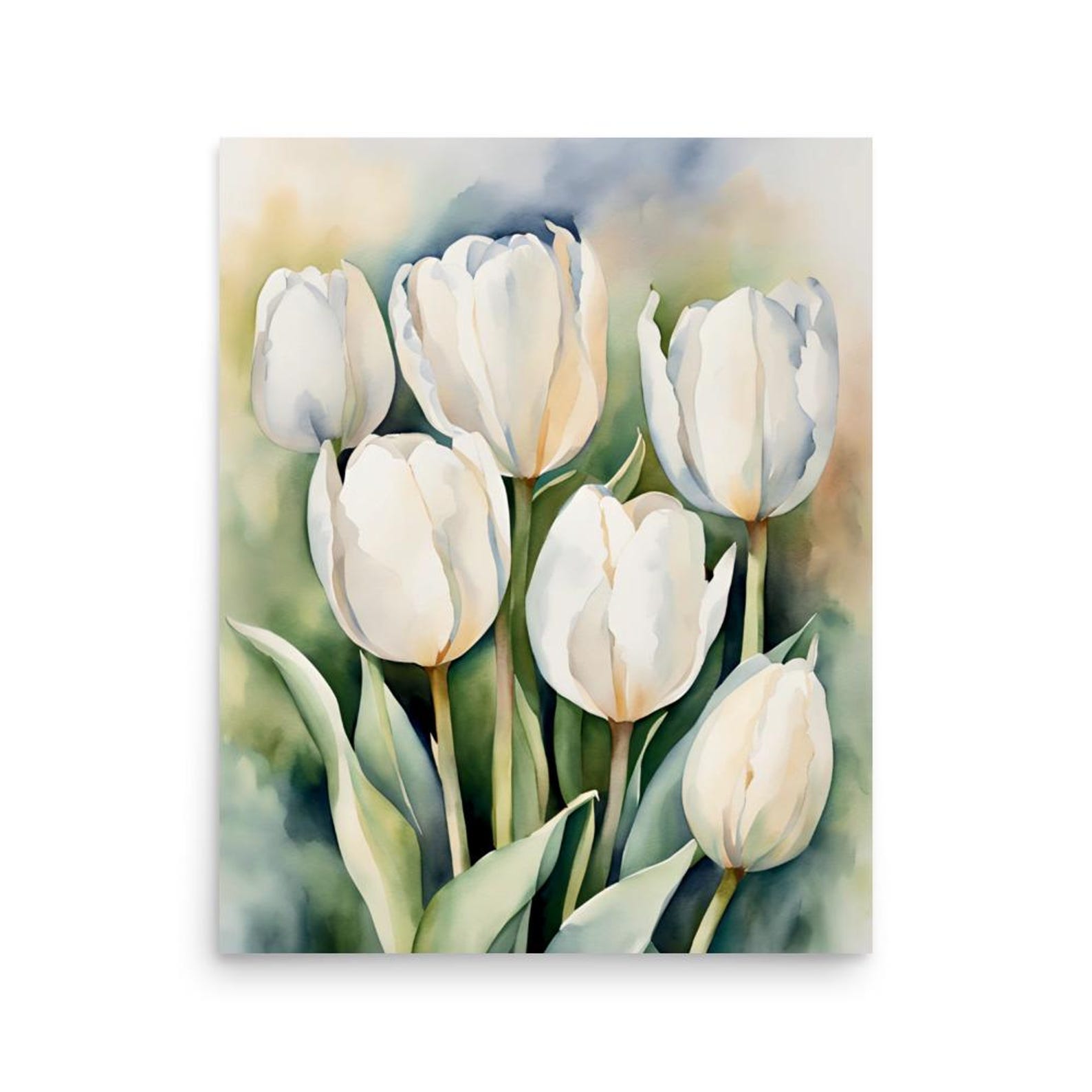 White Tulip Painting Spring Flowers Watercolor Art Print Large Wall Art ...