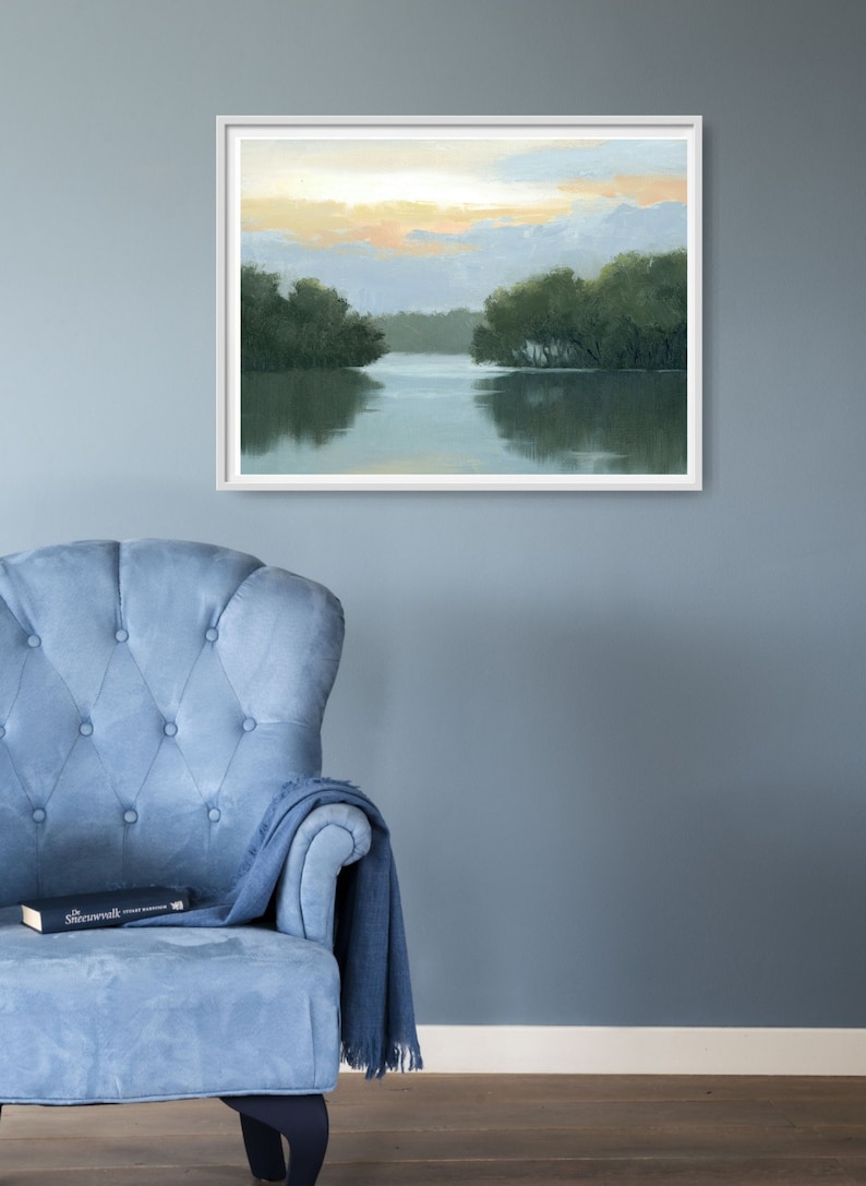Sunrise Lake Oil Painting Art Print Minimalist Wall Art Landscape ...