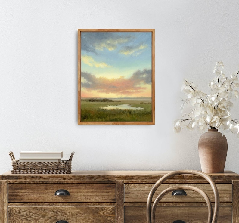 Oil painting sunset fine art print sunset field wall art small landscape cloud painting cloudy sky print countryside landscape image 8