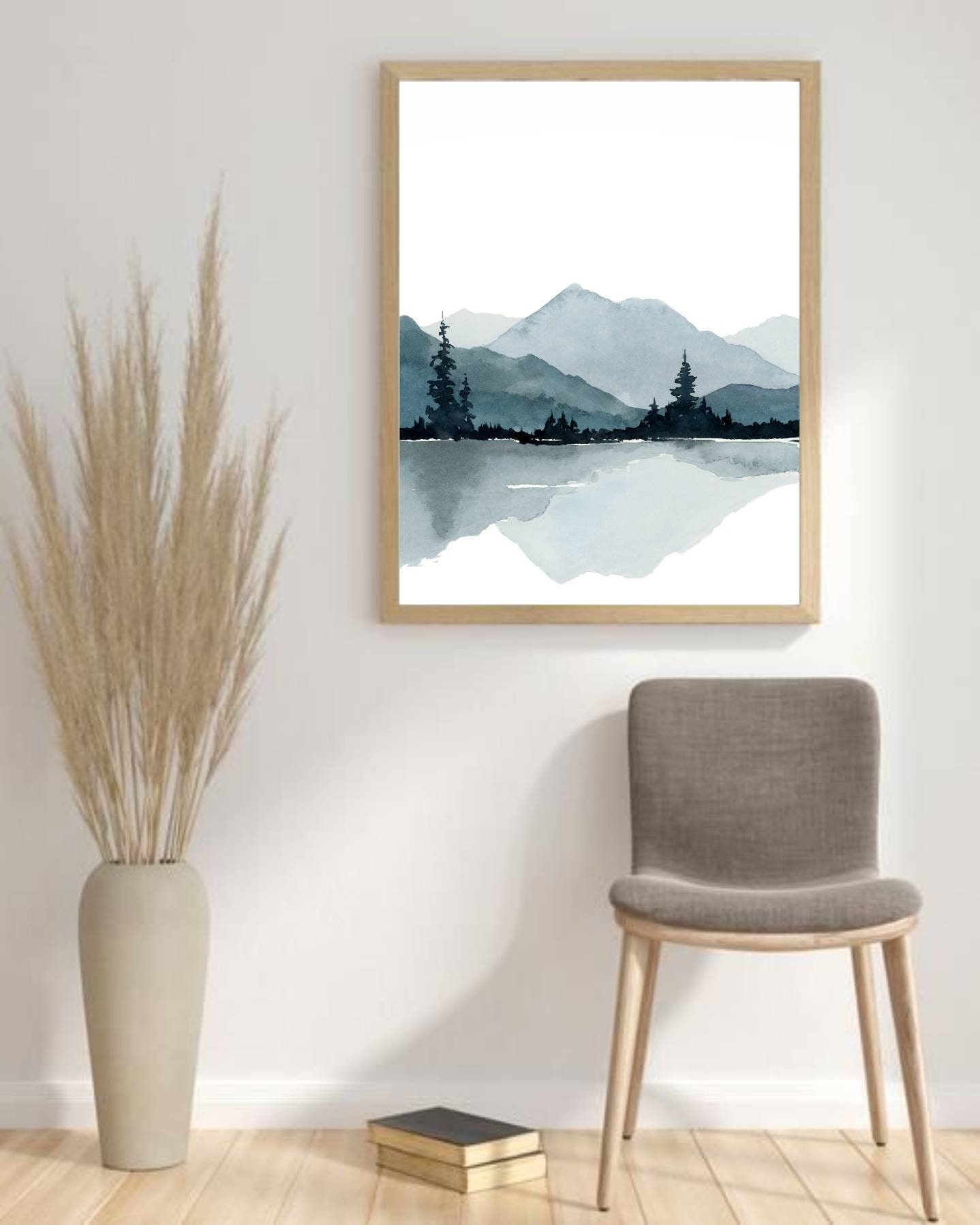 Mountain and Lake Print Pine Tree Wall Art Watercolor Painting Large ...