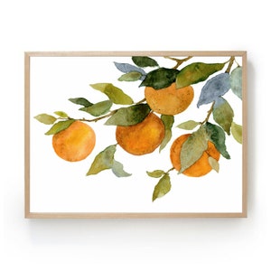 Clementine art print Orange tree watercolor painting Citrus fruits wall art large kitchen poster Fruit art print