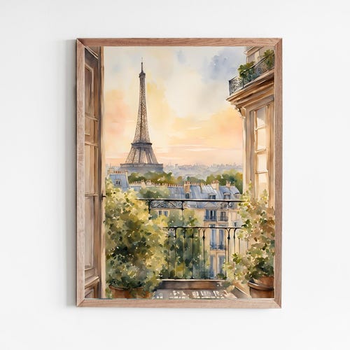 Affiche de Paris Vue du balcon Aquarelle Photos France Coucher de soleil Tour Eiffel Peinture Impression Grand Mur Art Voyage Art Cadeau