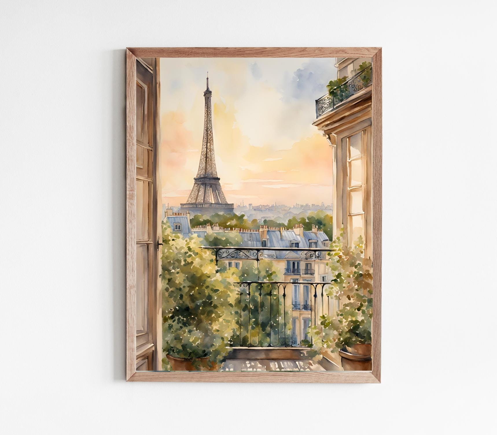 パリのポスターバルコニーの景色水彩画フランスの夕日エッフェル塔絵画