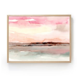 Pintura de paisaje abstracto, imágenes de acuarela, imágenes de cielo amarillo rosa, imágenes grandes de puesta de sol, arte abstracto, pintura de naturaleza, impresión artística