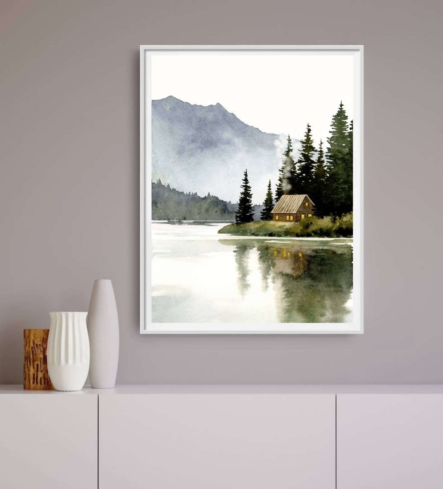 山小屋の絵、森の湖の水彩画、抽象的な風景画、アートプリントの写真