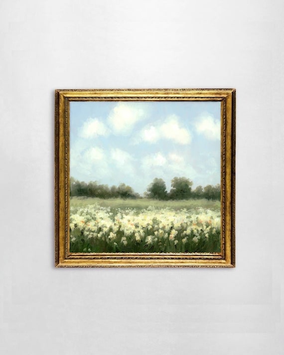 絵画風景花畑アートプリント油絵白い野原花画像花絵画カントリー