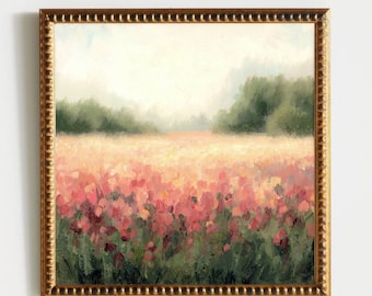 Oil painting landscape wildflowers wall art neutral landscape misty meadow art flower field print on canvas or paper farmhouse wall decor