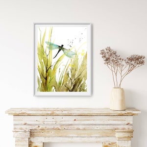 Meadow painting abstract, dragon fly art print, botanical poster, wildflowers wall art, spring green wall art, moody print dragonfly image 7