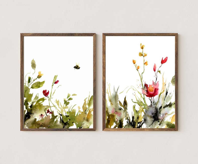 Wildflower print, botanical art print, wildflowers painting, red yellow flowers, wall decor floral, flowers abstract painting, poster image 2