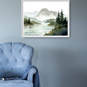 Misty Mountain Watercolor Painting Pine Tree Wall Art Panoramic ...