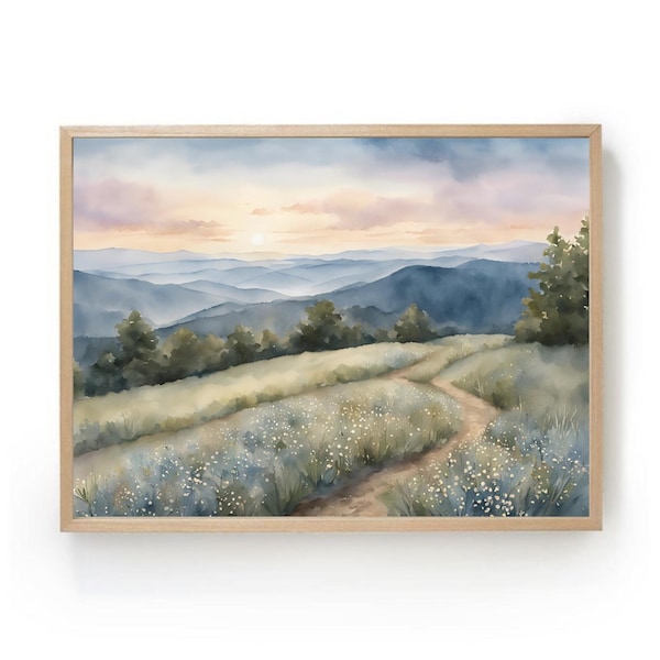 Blue Ridge Mountains trail print Sunset mountain watercolor painting North Carolina wall art flowers mountain forest artwork