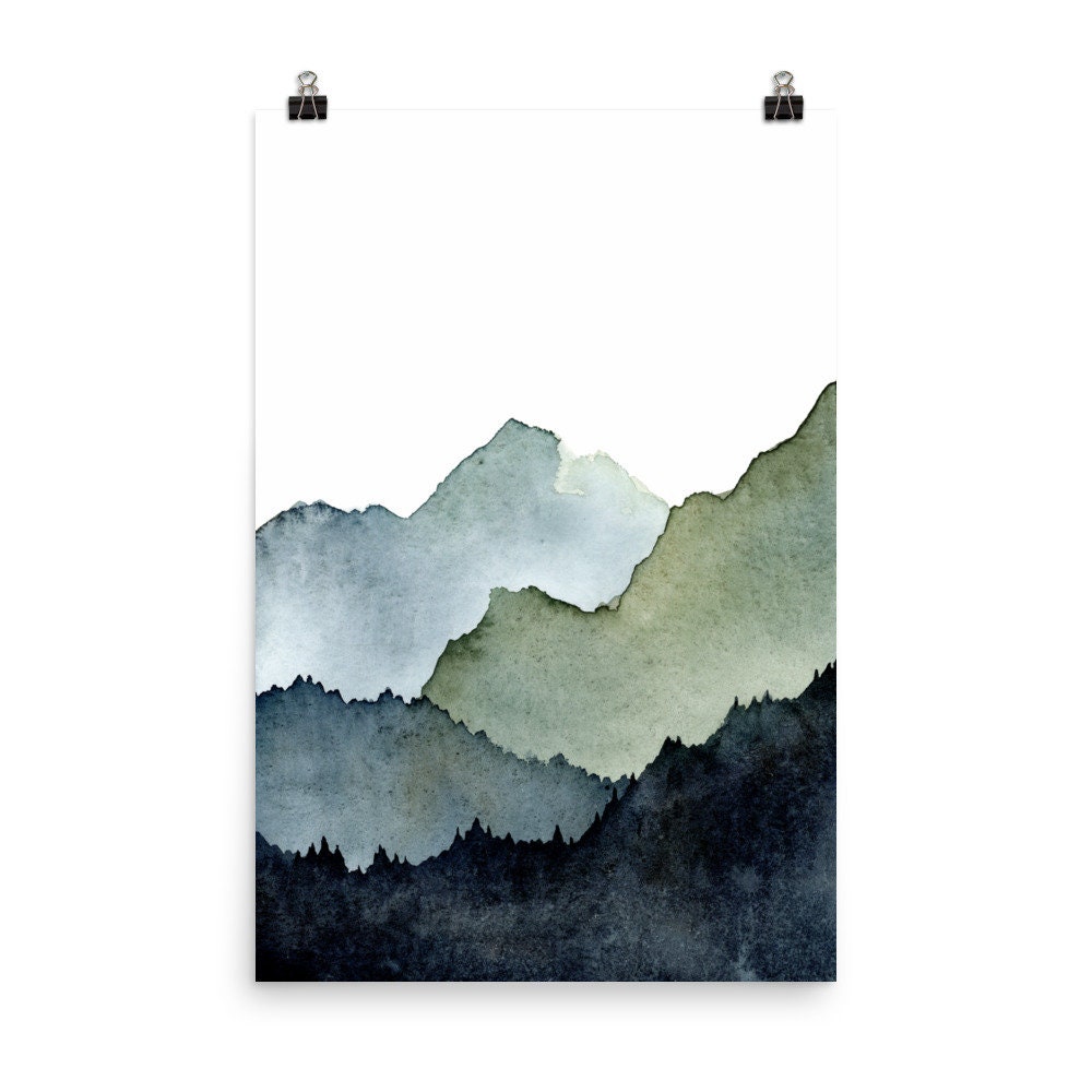 Forest Print Etsy Painting Abstract Minimalist Mountain Wall Wall - Art Landscape Blue Mountain Large Art Art Green