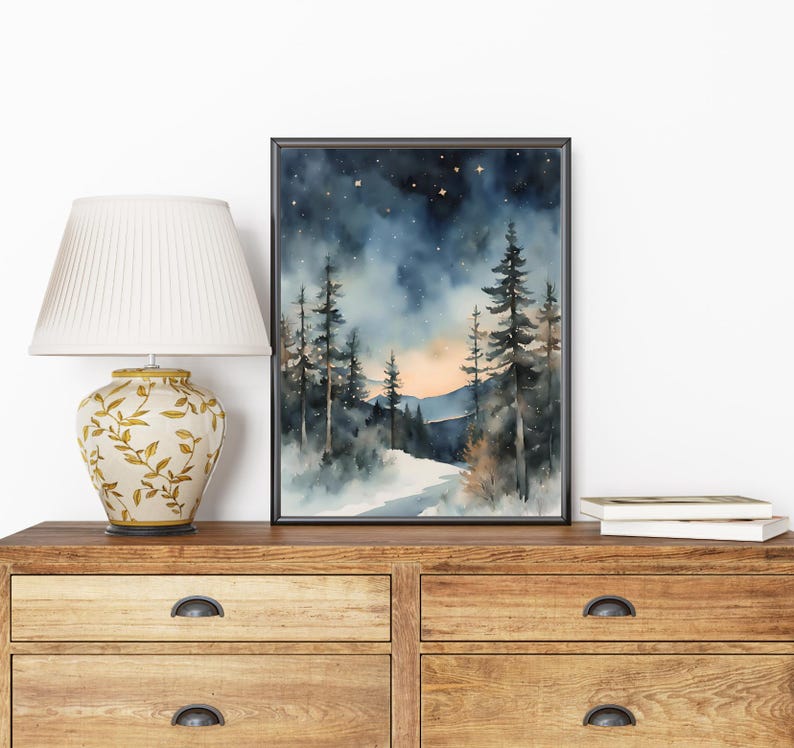May include: A watercolor painting of a snowy forest scene with a dark blue sky and stars. The trees are silhouetted against the sky, and there is a path leading into the forest.