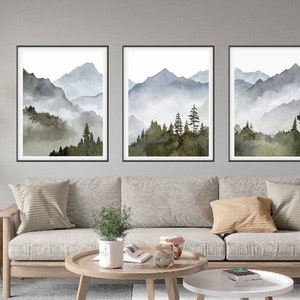 Blue mountain wall art set Mountain forest art prints Panoramic landscape Watercolor painting print 3 piece Minimalist wall decor image 3