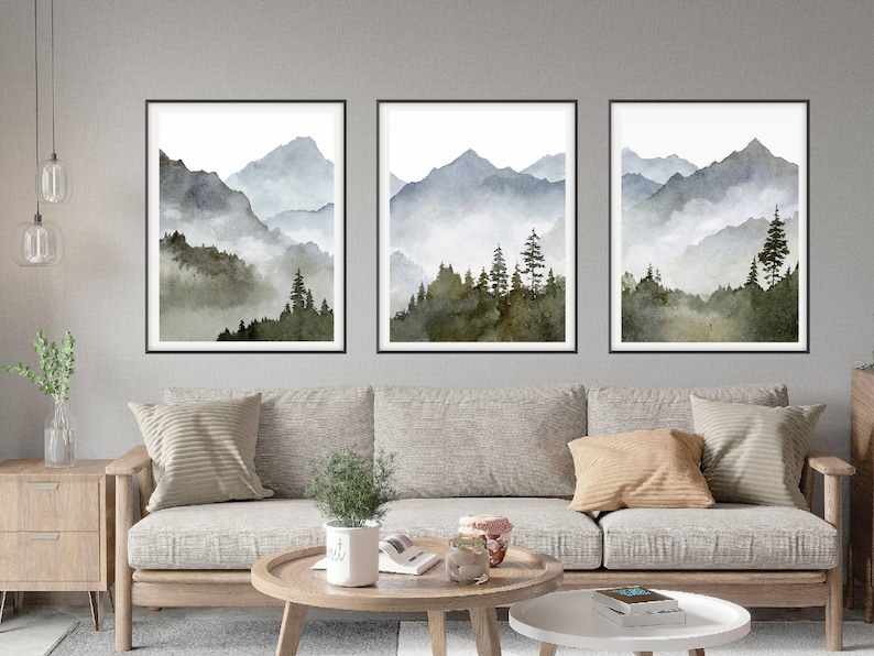 Blue mountain wall art set Mountain forest art prints Panoramic landscape Watercolor painting print 3 piece Minimalist wall decor image 3