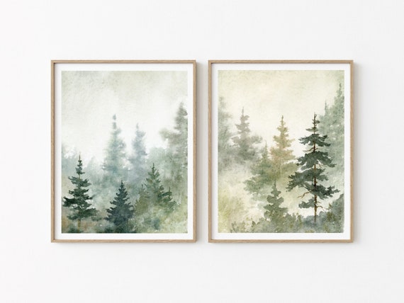 Set von 2 Bilder Wald abstrakte Landschaft Poster Set Berge Malerei Aquarellbilder Bilder Wohnzimmer blau beige grün Landhaus Deko
