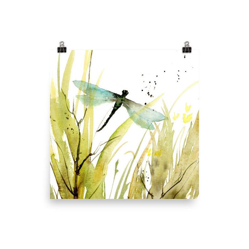 Meadow painting abstract, dragon fly art print, botanical poster, wildflowers wall art, spring green wall art, moody print dragonfly image 9