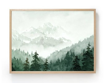 Foggy mountains watercolor painting large panoramic landscape neutral print pine forest wall decor misty mountain poster