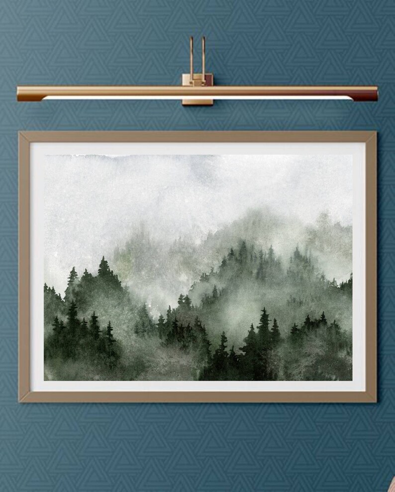 May include: A watercolour painting of a misty forest scene with dark green trees and a light grey background.