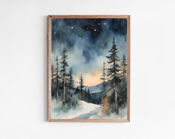 Winter Landschaft Wald Nacht Himmel Sterne Aquarellbilder Druck Bergwald moderne Kunst Poster Weihnachten Deko Berghütte Wandkunst Berge