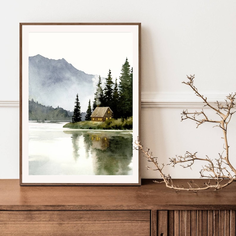 Forest Cabin Painting Mountain Lake Print Canada Landscape - Etsy