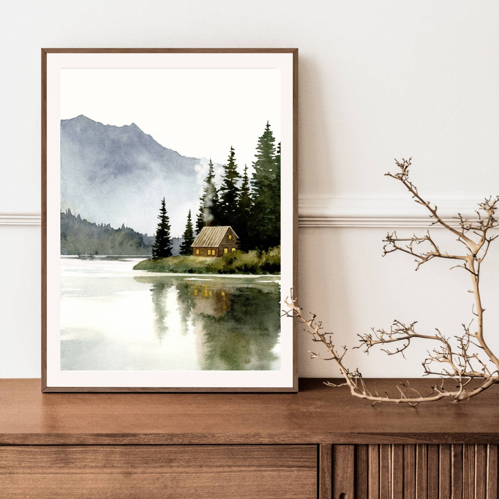山小屋の絵、森の湖の水彩画、抽象的な風景画、アートプリントの写真