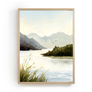 Aquarellbilder Bergsee Sonnenuntergang Landschaft Malerei Bilder Wohnzimmer vertikal hell blau gelb Natur Bilder Kunstdruck Poster