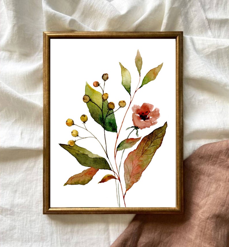 Large Floral Wall Art Red Green Flowers and Leaves Watercolor Print ...
