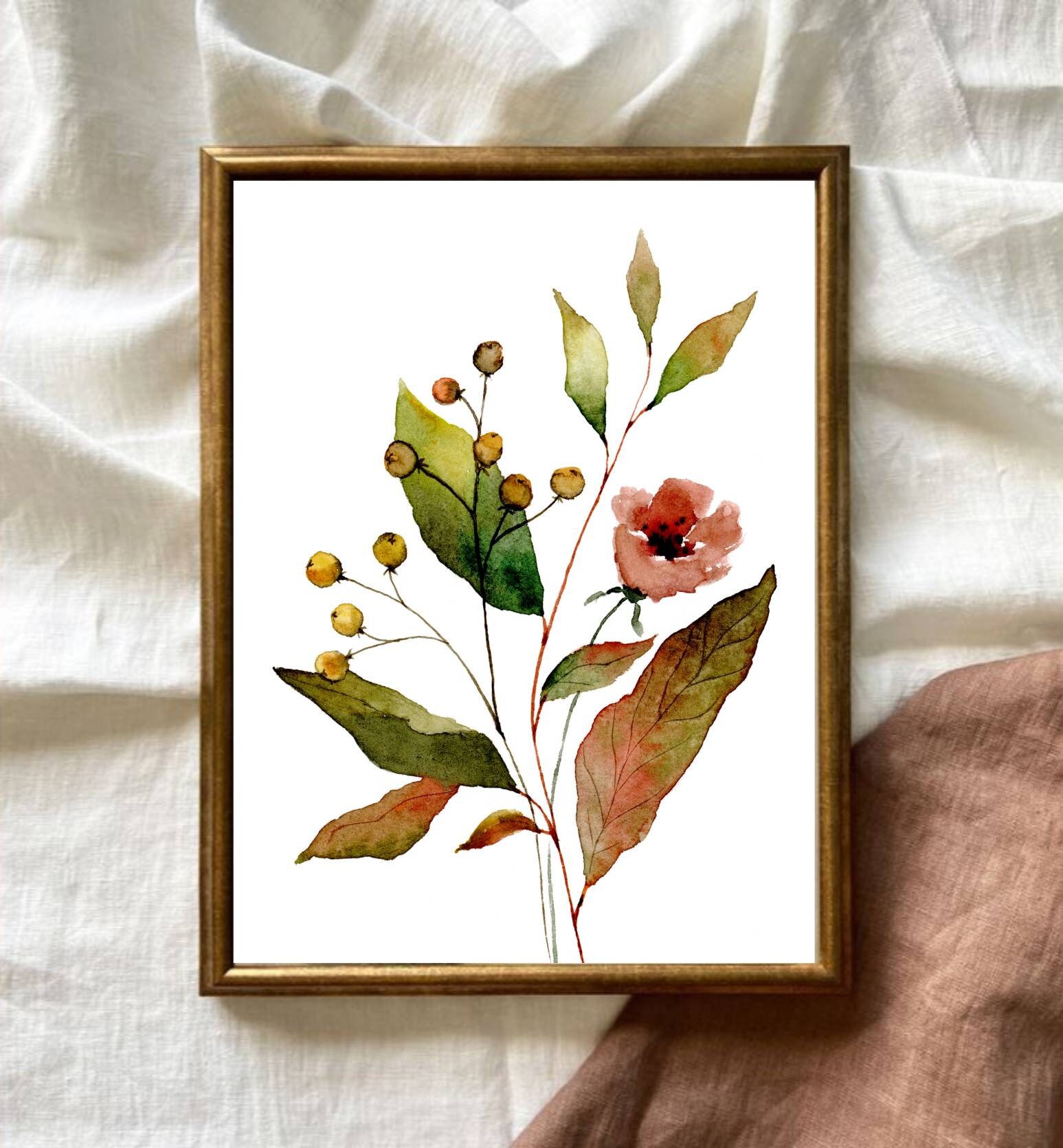 Large Floral Wall Art Red Green Flowers and Leaves Watercolor Print ...